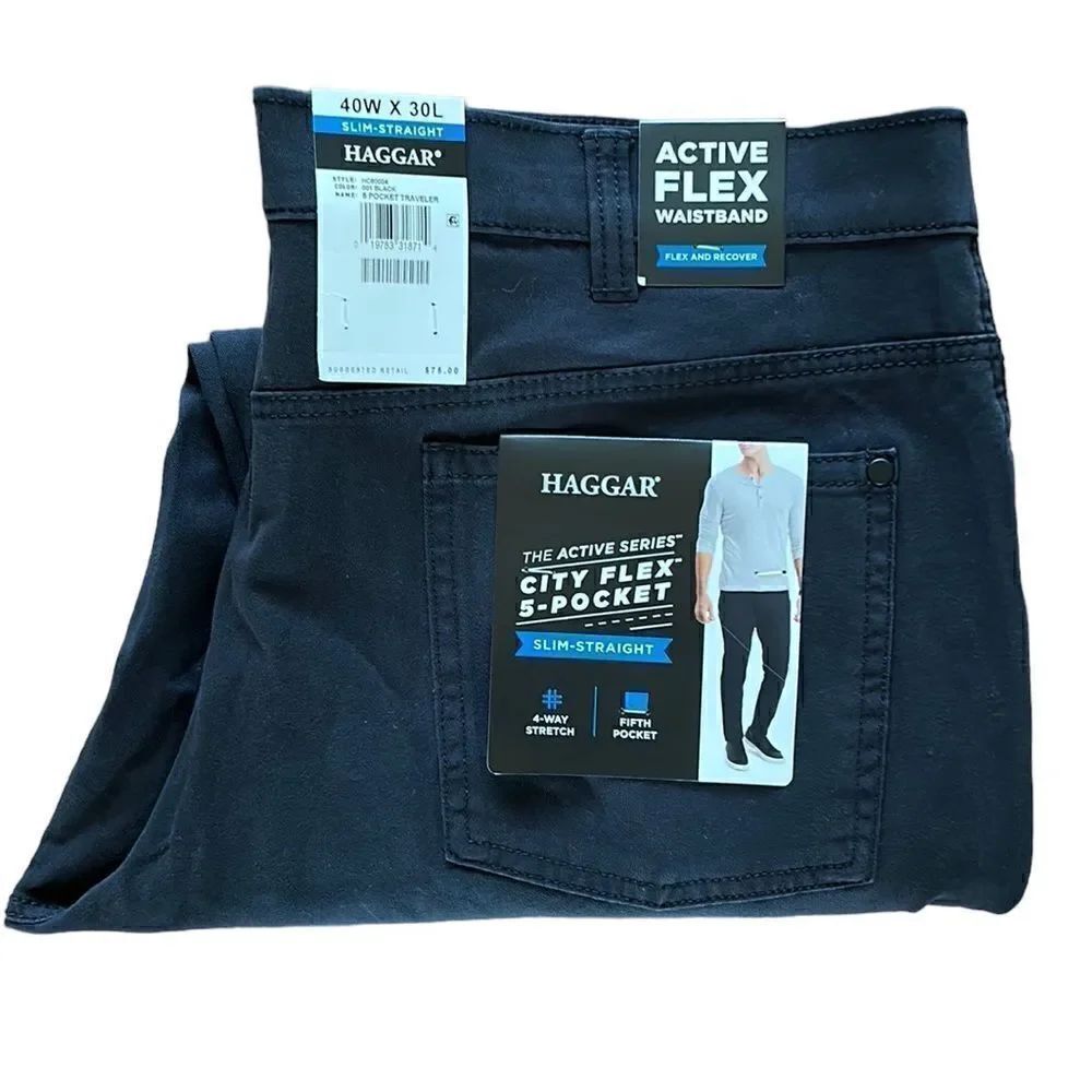 NEW Haggar Mens Black City Flex 5 Pocket Pants